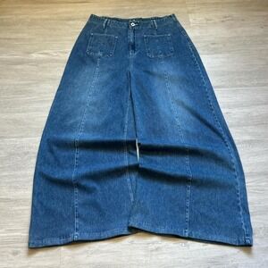 Blue Baggy Wide Leg Pleated Jeans Huge Leg Opening Y2K 30x28